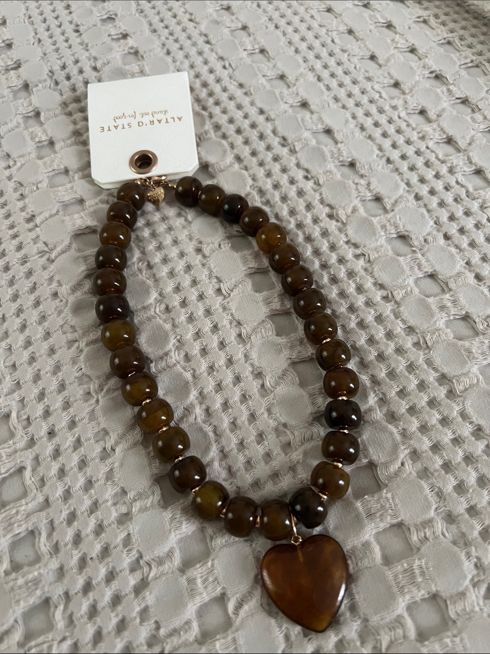 Altar'd State Olive Brown Beaded Necklace with Heart Pendant